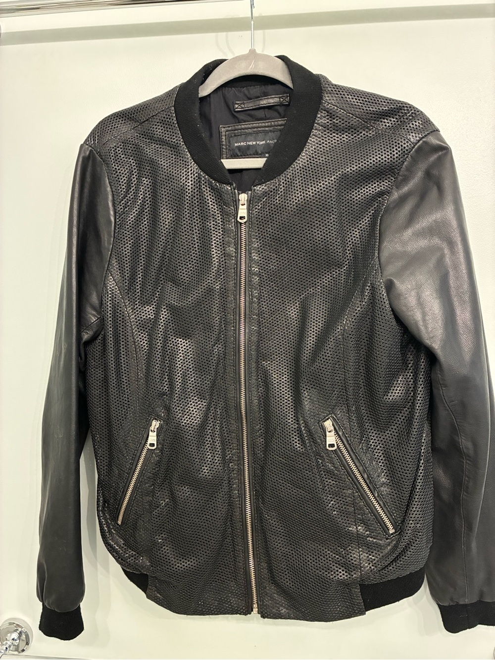 Marc NY Black Perforated Leather Bomber Jacket